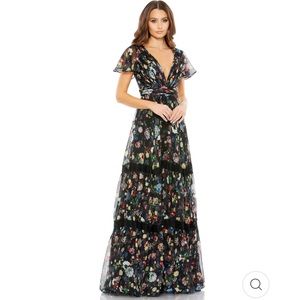 Mac Duggal FLORAL PRINT PLEATED WRAP OVER BUTTERFLY SLEEVE MAXI DRESS Si…